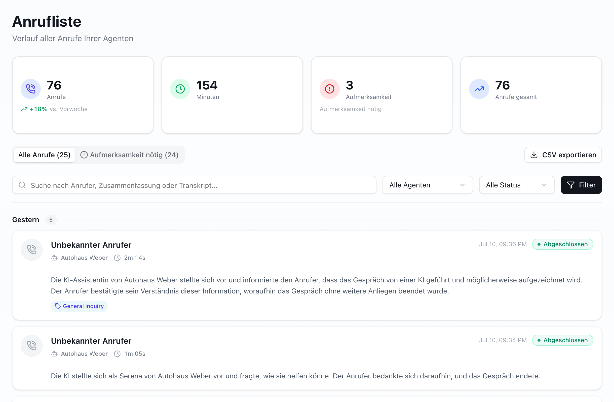 MyReceptionAI Dashboard: Anrufliste mit Zusammenfassungen, Status und Terminen